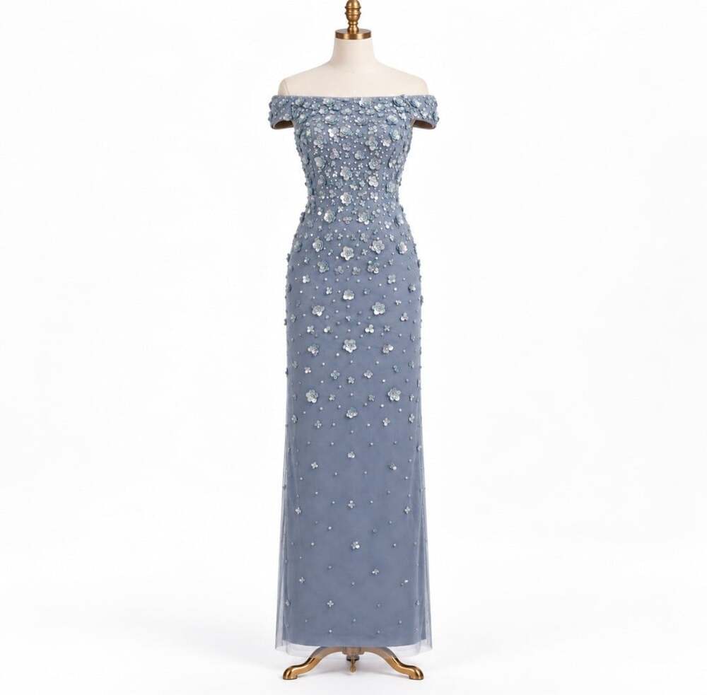 Adrianna Papell Size 16 Silver Mist Beaded Sequin Floral Off Shoulder Gown NWT
